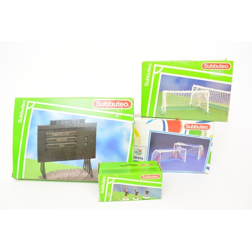 104 - Boxed Subbuteo sets together with x6 Premier League teams, a Scotland World Cup, score board, goals,... 