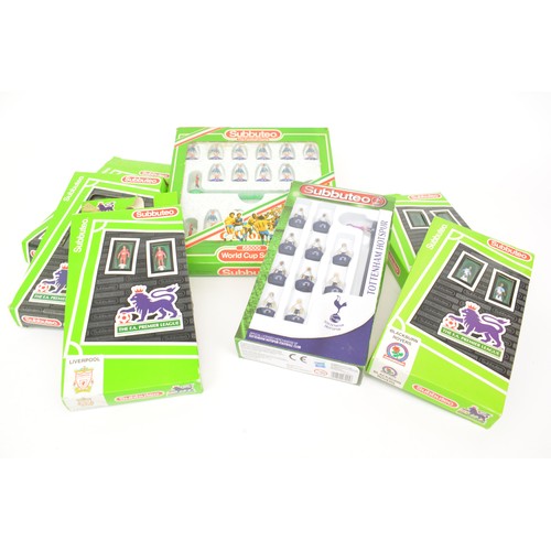 104 - Boxed Subbuteo sets together with x6 Premier League teams, a Scotland World Cup, score board, goals,... 