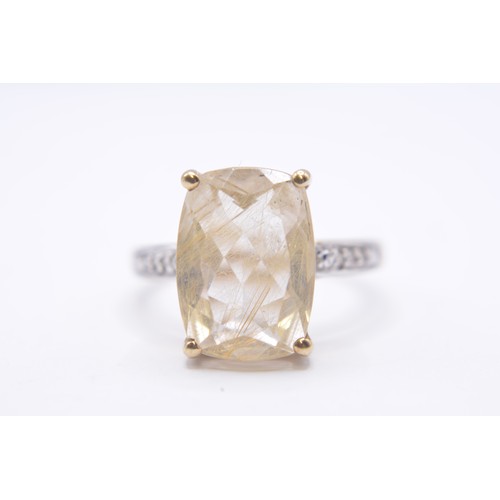 258 - 9ct yellow gold ring with golden rutilated quartz and diamonds, marked 375, approx size P