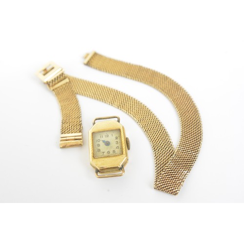 281 - Vintage 9ct gold cased cocktail watch with gold woven design strap. In need of repair. 16.6g combine... 