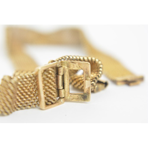 281 - Vintage 9ct gold cased cocktail watch with gold woven design strap. In need of repair. 16.6g combine... 