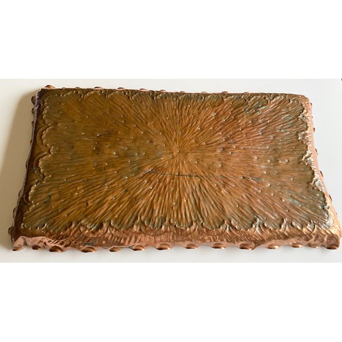 6 - Large rectangular decorative copper tray, arts and crafts design with fluted rim, approx L58 x 33cm