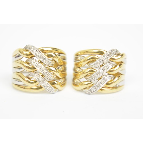18CT gold interwoven hoop earrings with pave diamond accents, approx weight 15g, stamped 750
