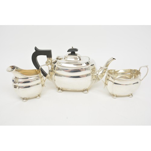 Three piece silver tea set items consisting teapot, milk and sugar bowl, all hallmarked Chester, S Blanckensee & Son, approx gross combined weight 838g.