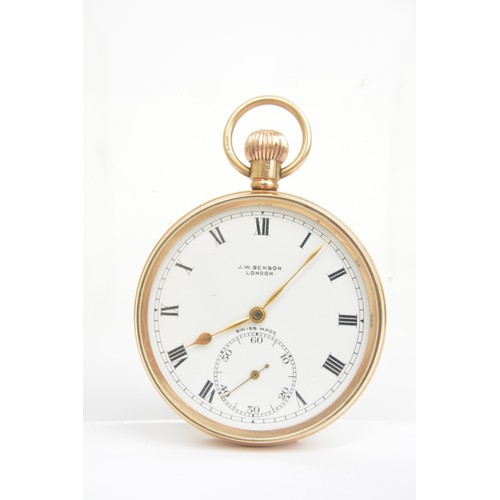 9ct gold open face pocket watch, white enamel dial with subsidiary dial by J W Benson, London. Gross weight 80g