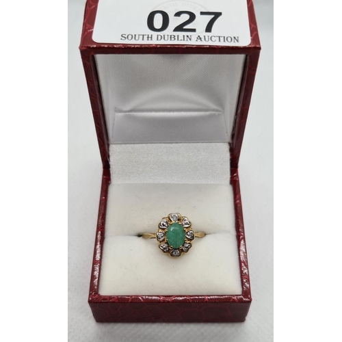 27 - 9ct yellow gold emerald and diamond ring size N1/2, cluster ring