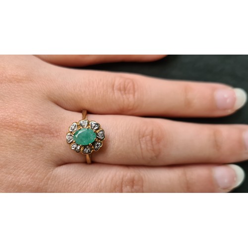 27 - 9ct yellow gold emerald and diamond ring size N1/2, cluster ring