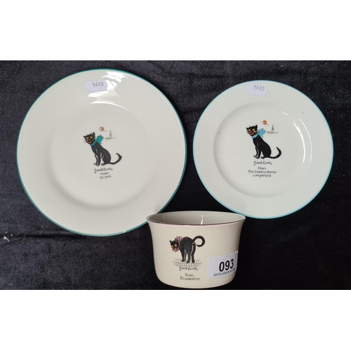 93 - Black cat collection Two plates by goss and a Sugar bowl marked Arcadian Reg applied for.