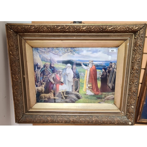 101 - Antique Very large handcoloured print of St Patrick blessing the high kings of Ireland. Striking pie... 