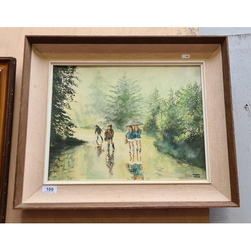 109 - Good size oil on canvas of school girls in the rain by Maeve Taylor.
