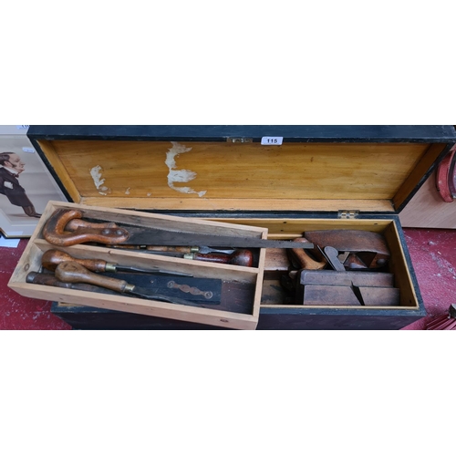 115 - Large Carpenters tool box totally full of Antique tools inc Planes etc. Super lot. All original to t... 