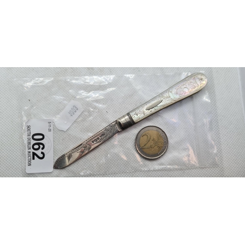 62 - Sterling Silver penknife with Mother of pearl handle.