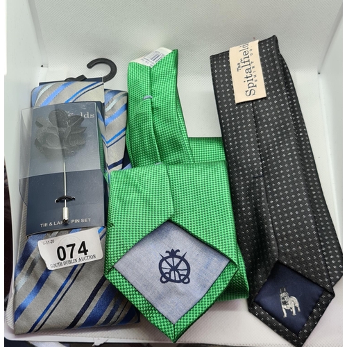 74 - 3 designer ties inc Cortfiel and two Spitalfields inc one with tags and Tie pin new.