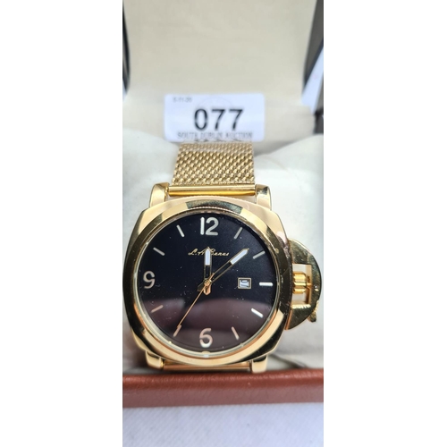 77 - La Banas Gents watch as new in box. (box damaged. ) 
Gold strap and nice large face