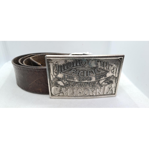 82 - Union Pacific Rail road line, California large belt buckle on a leather belt