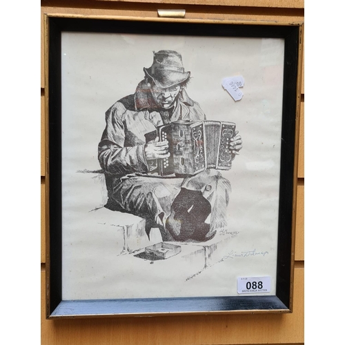 88 - Handsigned print by Liam Delaney of a man playing an accordion.
