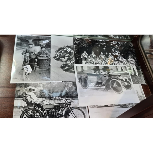 332 - 8 large Black and white blown up reprints of Vintage vehicles and sports teams etc.
