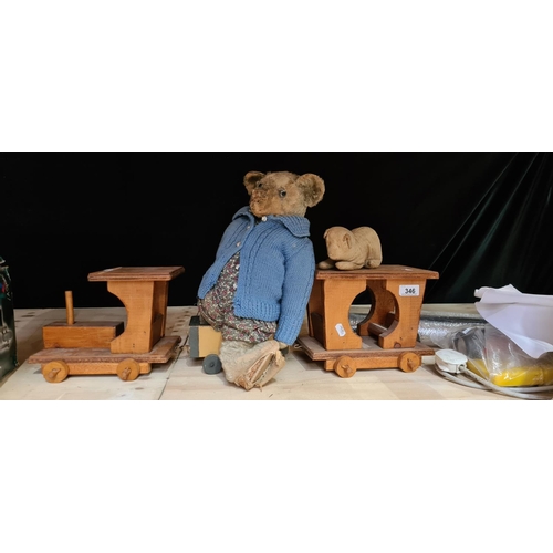 346 - Wooden train with two very old stuffed toys