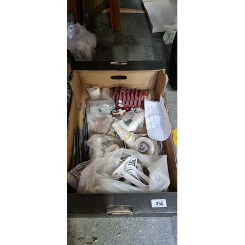 355 - Mixed box of basket strainers, 3 grills, Drinking water tap, Copper pipe soldering fittings, radiato... 