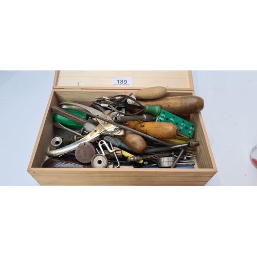 189 - Box of professional watchmakers tools. Many made in Switzerland. Full box.