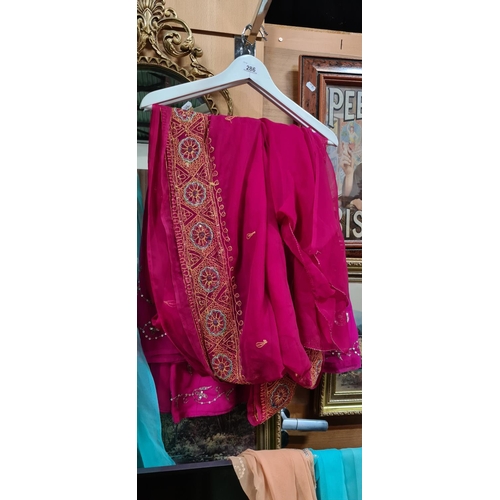 286 - Long Red Indian Saree with lots of Embroidery. Bought in Goa India.