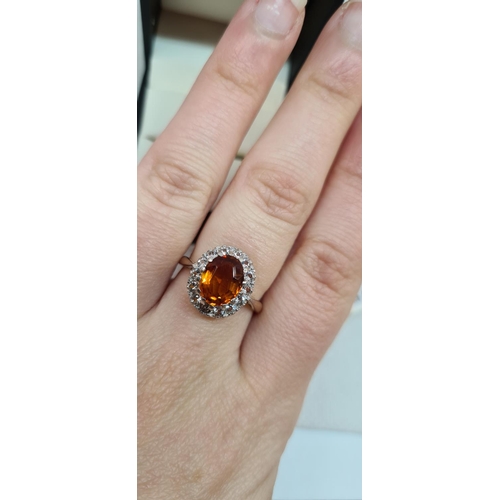 31 - 9ct Gold  Orange Tourmaline and white sapphire cluster ring size M 1/2