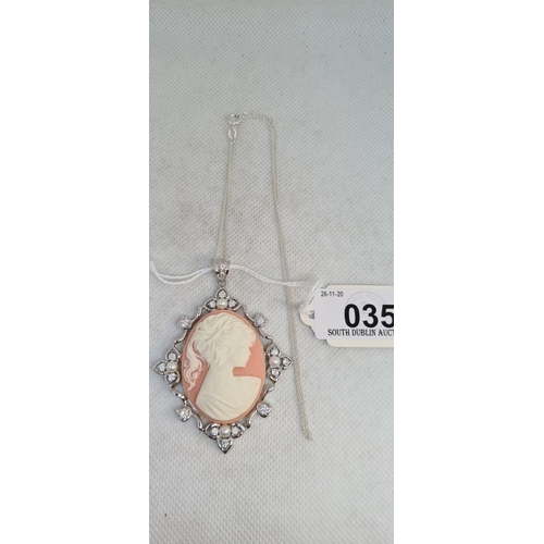 35 - Pretty Sterling Silver large Cameo Surrounded by pearls and gems on a Sterling Silver chain.