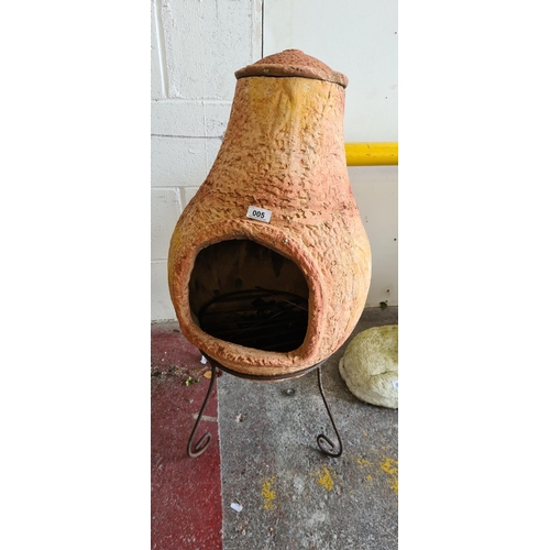 5 - Terracotta Chimnea on stand. Chip on lid.
