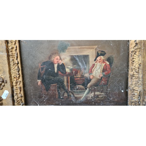 110 - It looks ancient possibly early 19th century or earlier oil on baord of tw o gentlemen by the fire o... 