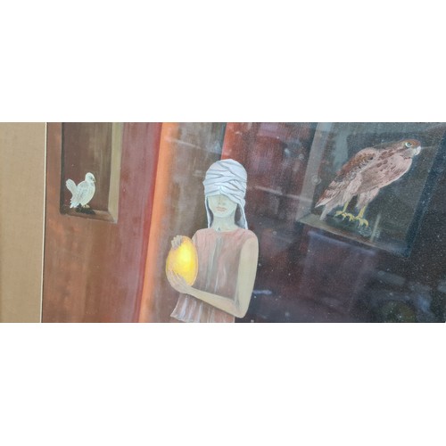 258 - Very Interesting item. Large painting behind Glass of a woman with a bandaged head holding a Melon w... 