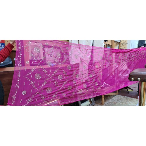 285 - Long Pink Indian Saree with lots of Embroidery. Bought in Goa India. Some staining