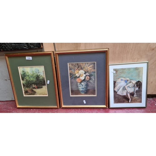 133 - 3 pictures including a print of a ballet dancer, good print of a Victorian watercolour of girls in  ... 