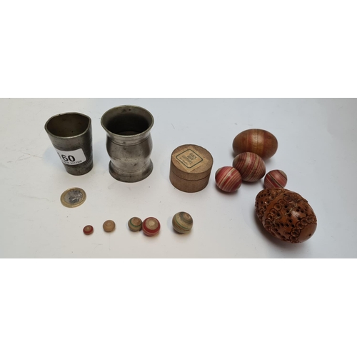 160 - 5 Items inc nesting balls and a carved chinese egg and 2 antique measures.