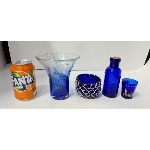 238 - 3 piece of Bristol Blue pottery and an art pottery vase with rough pontil.