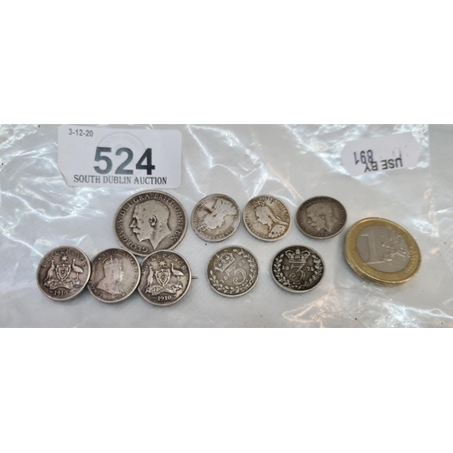 524 - bag of Silver coins inc a 3d brooch and 1916 Shilling.