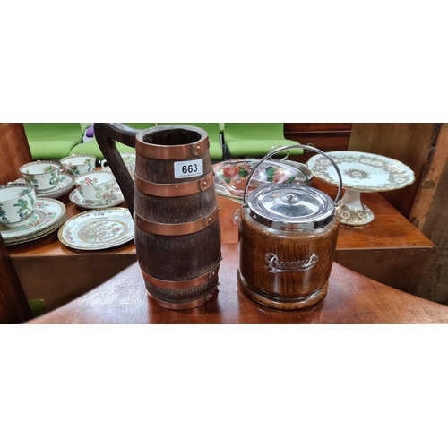 663 - Vintage wooden biscuit barrel with an EPNS top and a large coopered tankard