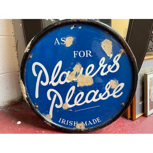 120 - Large original round double sided metal sign Players Please Irish made.