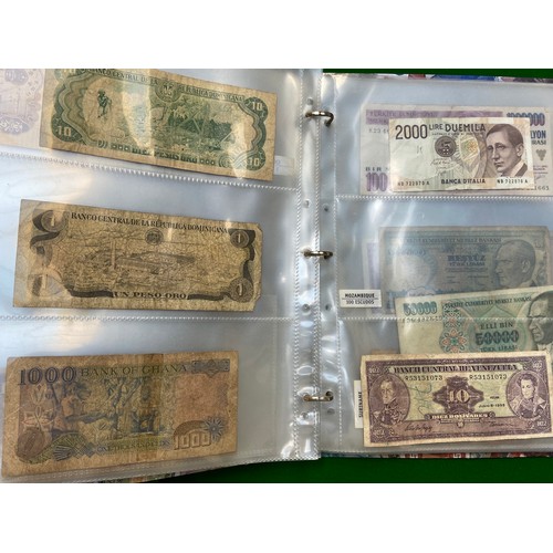 336 - Fairly full album of world bank notes and coins.