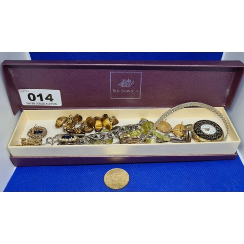 14 - Boxed of mixed jewelry inc a fob watch and Connemara bracelet.