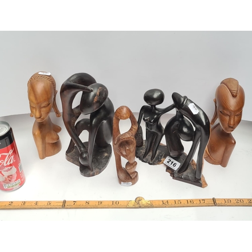 216 - 6 wooden African carved figures inc large rare examples.