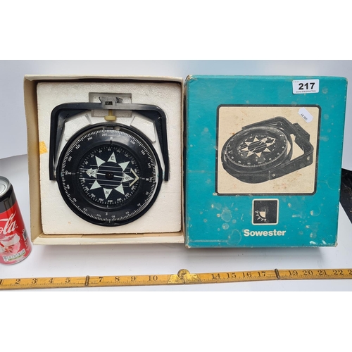 217 - Large Sowester Ships compass Looks very fresh in a weathered box.