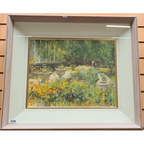 238 - Large Oil on board of a garden scene in a white box frame. It looks like an important picture. I thi... 