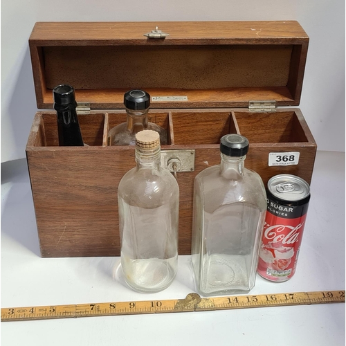 368 - Antique Wooden Box with lock and key.  Named John Handyman, Holding 4 antique bottles.