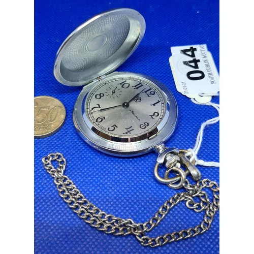 44 - Cold war period Soviet open face pocket watch and chain. Its heavy and good quality.