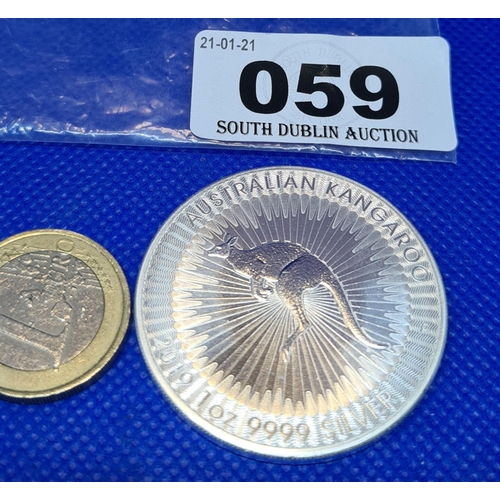 59 - Australian 2 dollar uncirculated 1oz .999 silver coin. With a Kangaroo