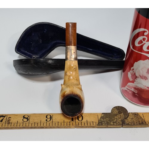 56 - Briar wood pipe With Sterling Silver collar and leather case.