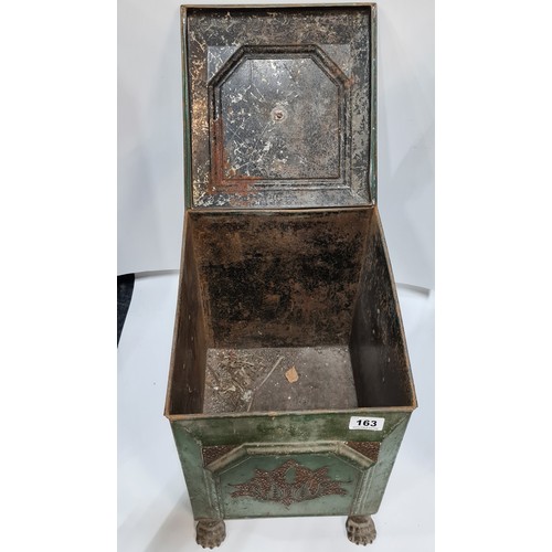 163 - Georgian Coal box with green paint, lion paw feet and Stylised handles. With lid. Super rare piece w... 