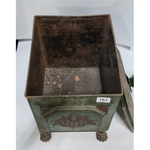 163 - Georgian Coal box with green paint, lion paw feet and Stylised handles. With lid. Super rare piece w... 