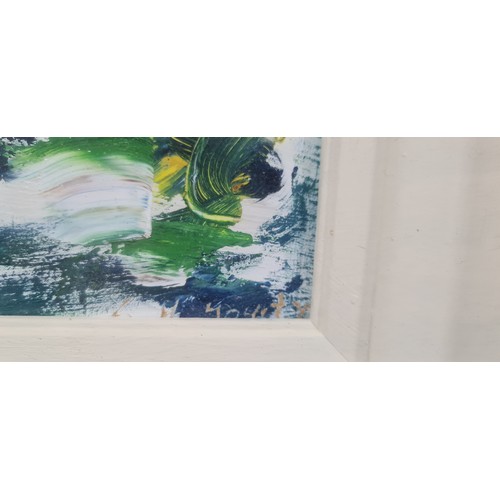 100 - Very long panaromic style  abstract  oil on board behind glass There is an artist signature but its ... 