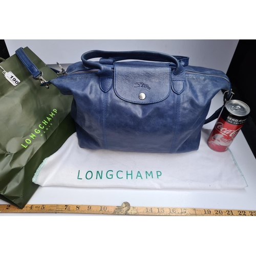 190 - Original blue leather Longchamps Paris large handbag. In good order with Dust bag, and shopping bag.... 